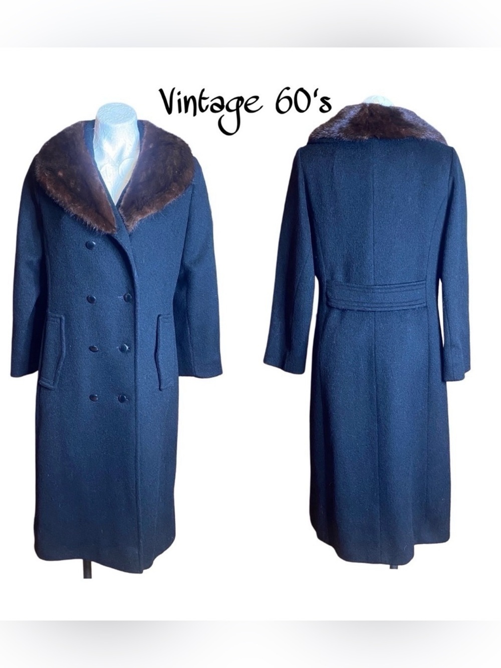1960s Vintage Windsor Black Wool Trench Coat w Brown Mink Fur Collar women’s S/M